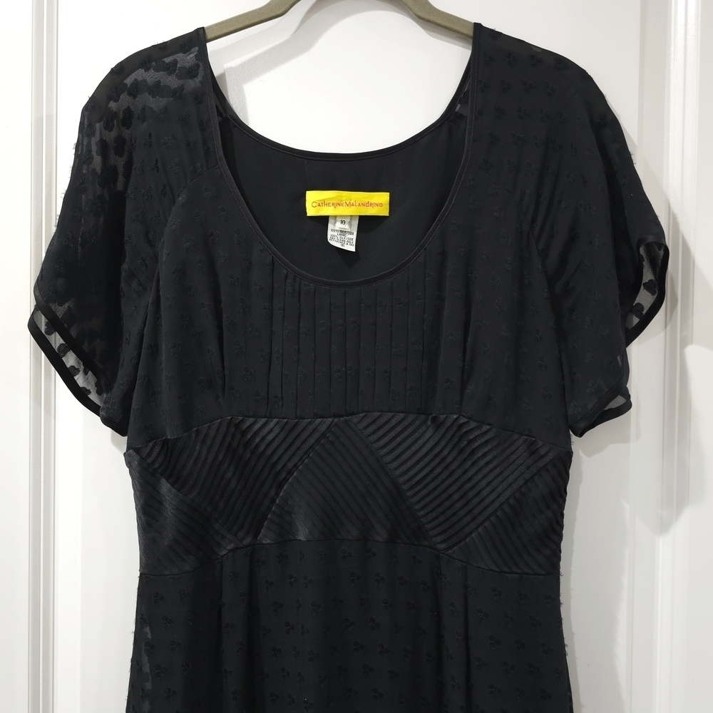CATHERINE MALANDRINO Black 100% Silk Textured Midi Dress, Baby Doll, Vintage, 10 - Picture 3 of 16